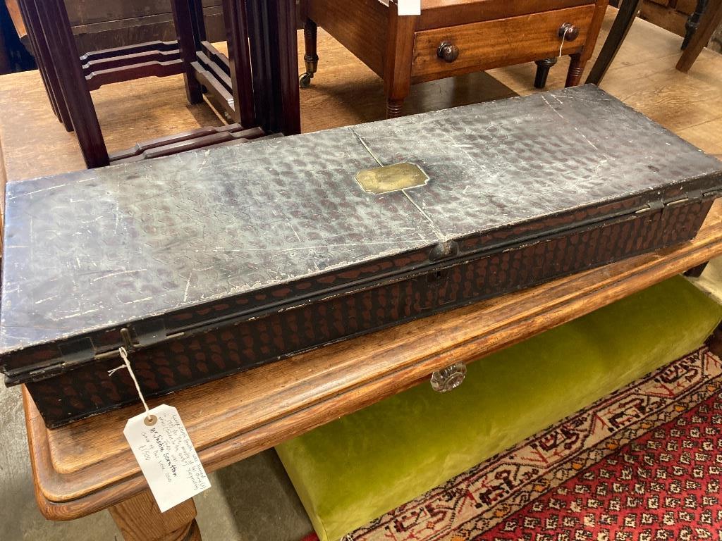 A Victorian rectangular painted tin trunk, the brass plaque engraved Honourable Justice Scrutton, length 103cm, depth 33cm, height 14cm